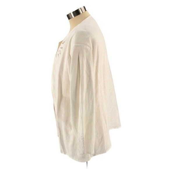 EY Boutique Womens Cardigan 2X XX Ivory Tunic Open Shoulder Pads Linen Long Slv - Picture 5 of 12